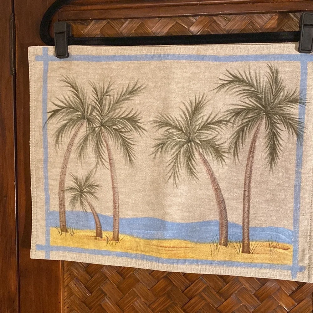Palm Tree Beach Print Kitchen Towel in Beige and Blue